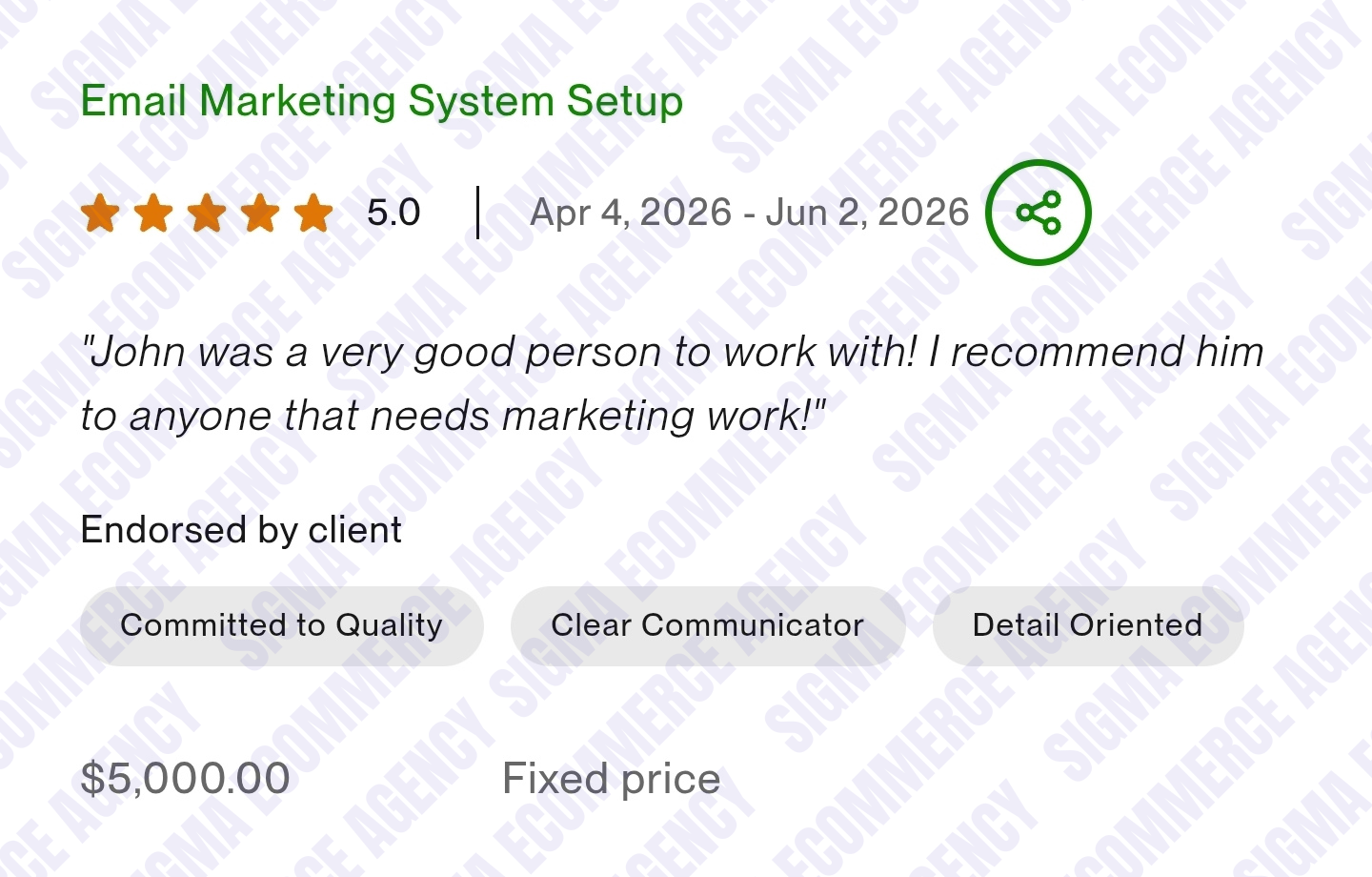 5-star Upwork review — Email Marketing System Setup