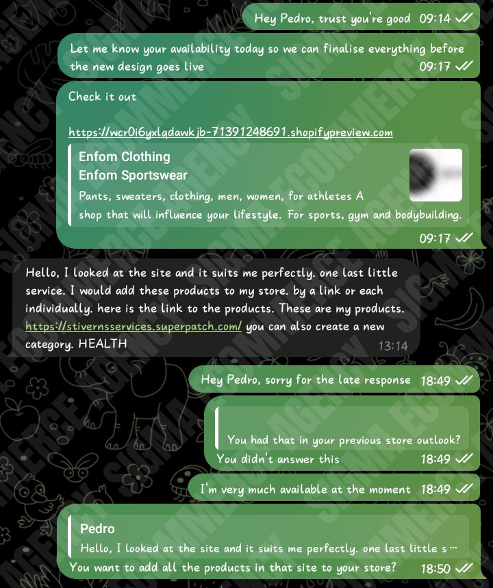 Client chat — Enfom Clothing store preview and product additions