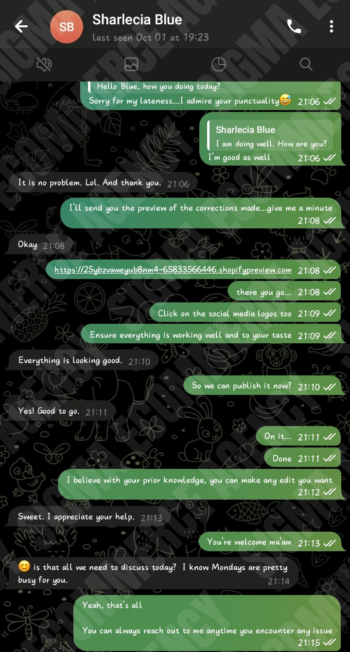 Client chat with Sharlecia Blue — approving Shopify preview to go live